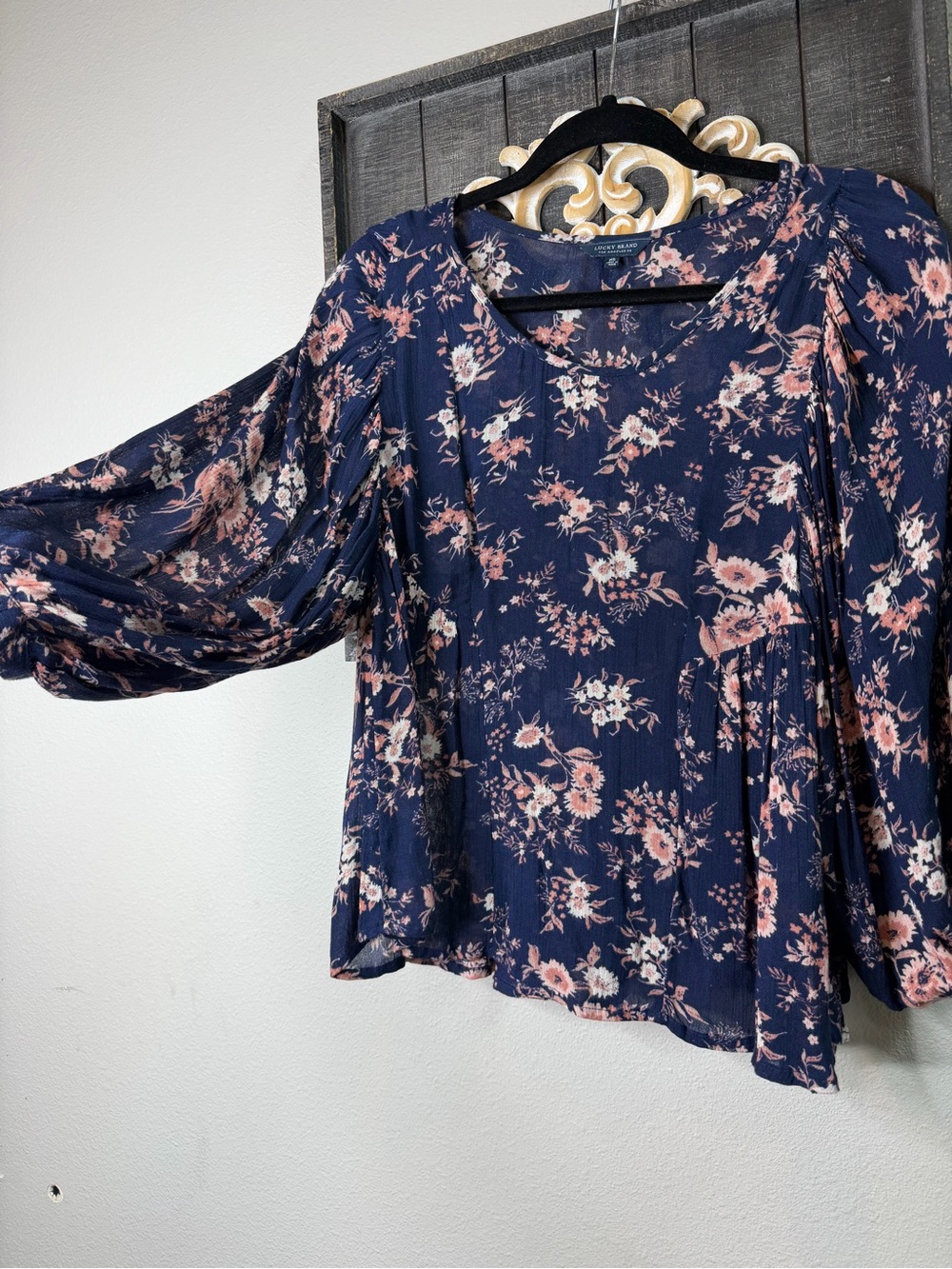 Lucky Brand Navy Floral Balloon-Sleeve Blouse XS